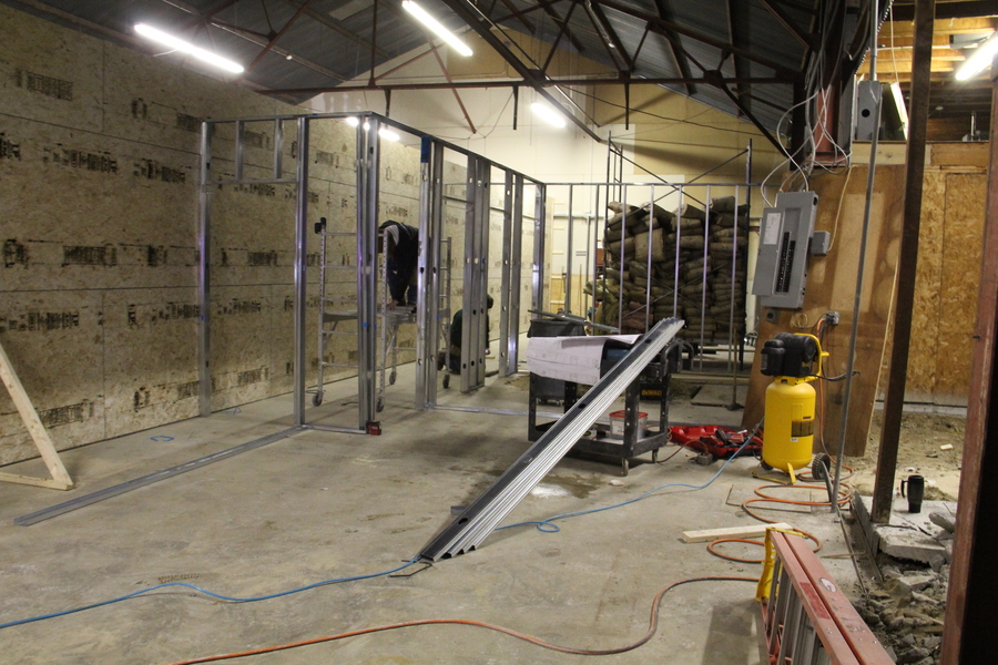 The classroom and bathroom walls are going up.